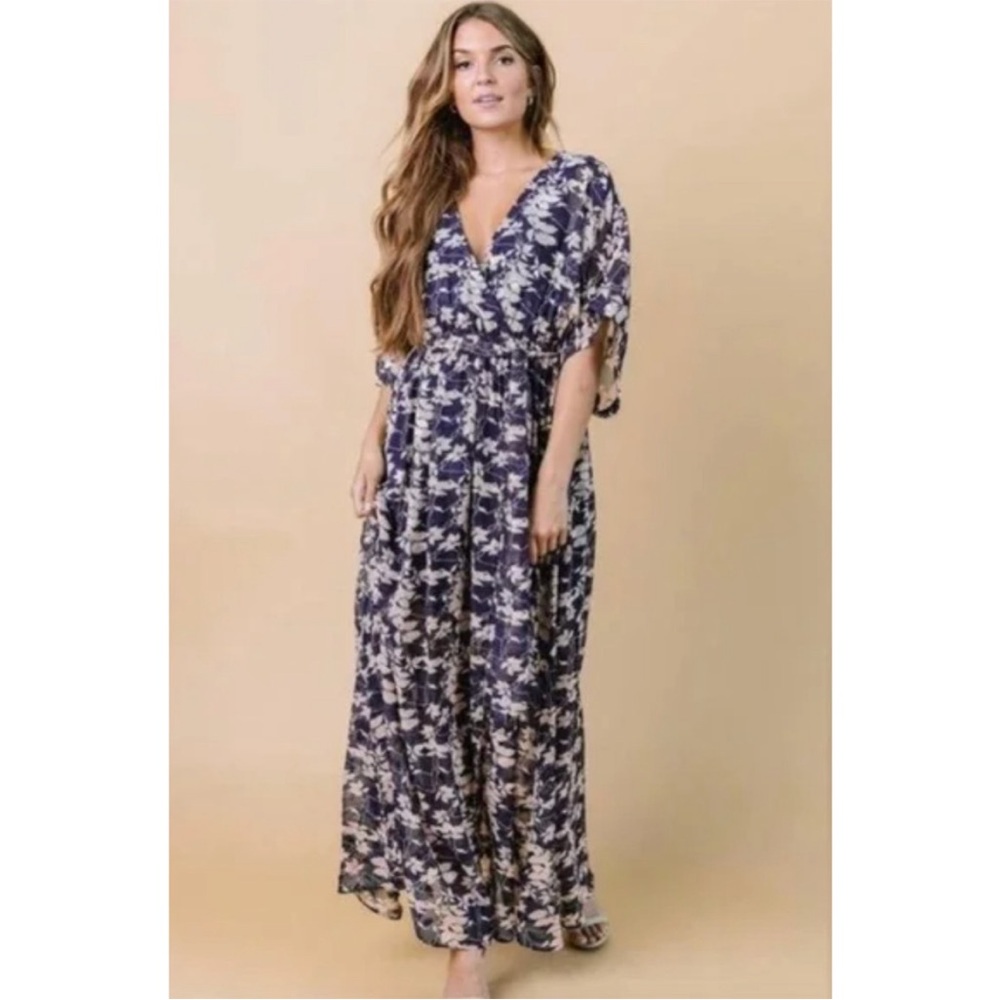 Baltic Born Blue and Pink Flutter Sleeve Maxi Dress